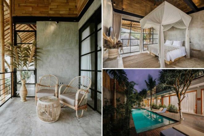 A collage of four hotel photos to stay in Canggu: a balcony with rattan furniture and bamboo roof, a bedroom with a draped canopy bed and rustic decor, a tranquil poolside lined with palm trees and sun loungers, and an enchanting evening view of hotel facades illuminated beside a reflective pool.