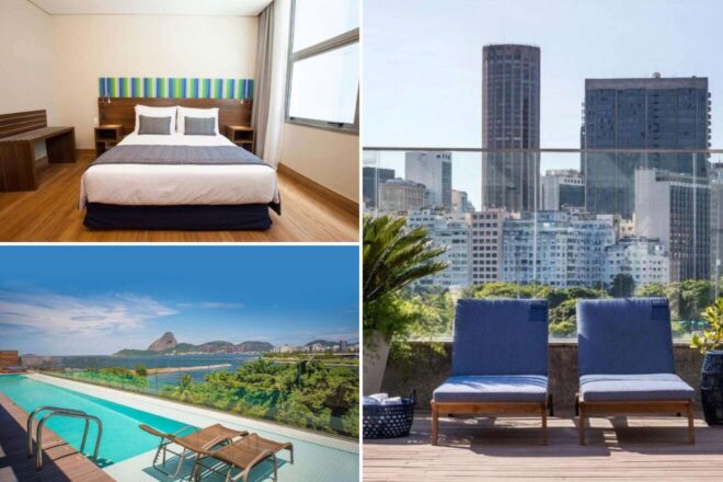 A collage of three photos of hotels to stay in Rio: A minimalist bedroom with floor-to-ceiling windows, two lounge chairs on a wooden deck with urban views, and an infinity pool with panoramic vistas of the Rio skyline and mountains