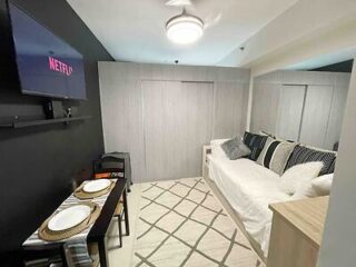 Compact modern studio with a bed, dining area, mounted TV displaying Netflix, and gray-toned decor