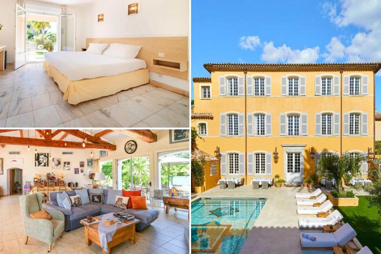 A collage of three hotel photos to stay in St. Tropez: a simplistic bedroom opening onto a lush garden, a spacious living room with wooden beams and eclectic decor, and an inviting exterior of a classic yellow hotel with outdoor lounging areas by the pool