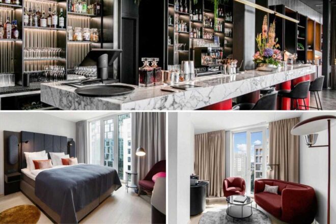 A collage of three hotel photos to stay in Oslo: an upscale hotel bar with a marble countertop and dark shelves, a modern bedroom with a blue comforter and accent pillows, and a cozy living area with a red sofa and city views through large windows.