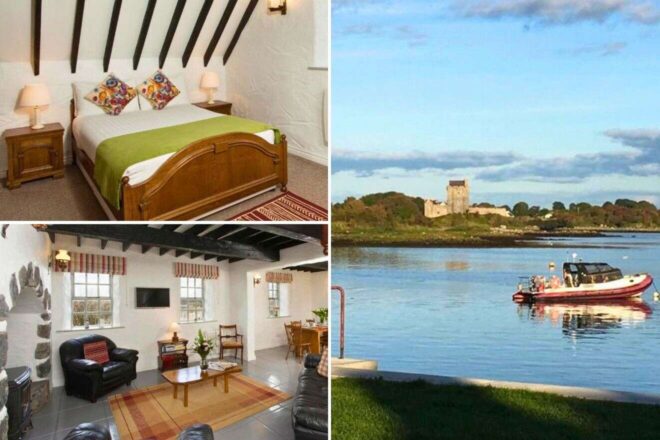 A collage of three hotel photos to stay in Galway: a traditional bedroom with a wooden bed and exposed beams, a spacious living room with a fireplace and comfortable seating, and a tranquil view of a castle by a lake with a boat passing by.
