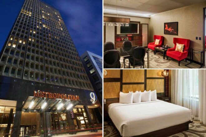 A collage of three hotel photos to stay in Cleveland: the towering facade of the Metropolitan hotel at night, an executive lounge with red accent chairs and a business-friendly setup, and a guest room featuring a king-sized bed with a tan headboard and elegant white linens.