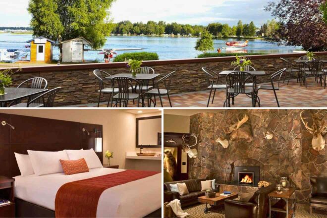 A collage of three hotel photos to stay in Anchorage: a serene lakeside patio with outdoor seating, a cozy hotel room with plush bedding and modern amenities, and a rustic lodge-style living area with a stone fireplace and mounted game trophies.