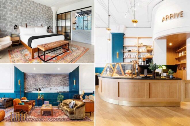 A collage of three hotel photos to stay in Memphis: an eclectic bedroom with patterned wallpaper and a vintage rug, a welcoming hotel lobby with plush seating and a historic map, and a sleek cafe area within the hotel with wooden counters and modern design