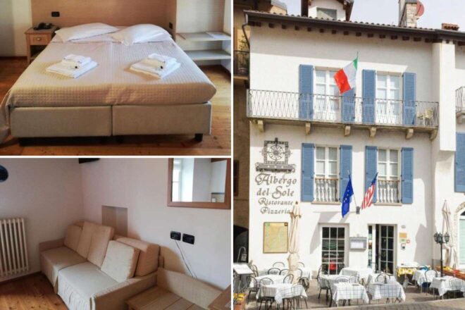 A collage of three hotel photos to stay in Lake Como: depicting a minimalist bedroom with neatly arranged bedding, a charming exterior of a traditional hotel with Italian flags, and a comfortable living space with a plush couch and warm lighting.
