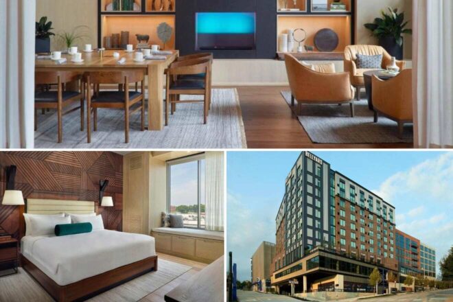 A collage of three hotel photos in Atlanta: A dining area with a large wooden table and modern decor, a minimalist bedroom with a large window, and the angular architecture of the Bellyard hotel with a city backdrop.