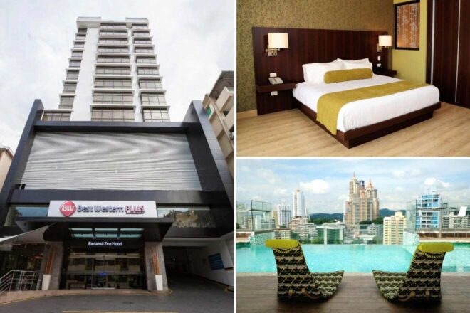 A collage of three hotel photos to stay in Panama City: the facade of the Best Western Plus Panama Zen Hotel with visible branding, a simple and elegant hotel room with a comfortable bed and city view, and a unique rooftop pool area with patterned sun loungers and a panoramic view of the city