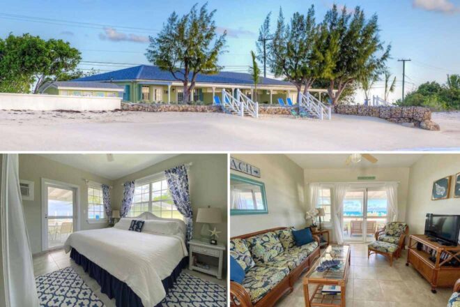 A collage of three hotel photos to stay in Turks and Caicos: a quaint beachfront cottage with inviting blue beach chairs, an airy bedroom with sea-inspired decor, and a cozy living room that opens up to ocean views.