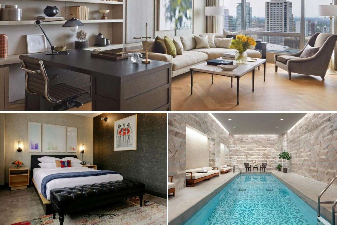 A collage of three hotel photos to stay in Bloor-Yorkville, Toronto: a home office with elegant decor overlooking a cityscape, a living room with a comfy beige sofa and modern art, and a serene indoor pool with stone accents and loungers