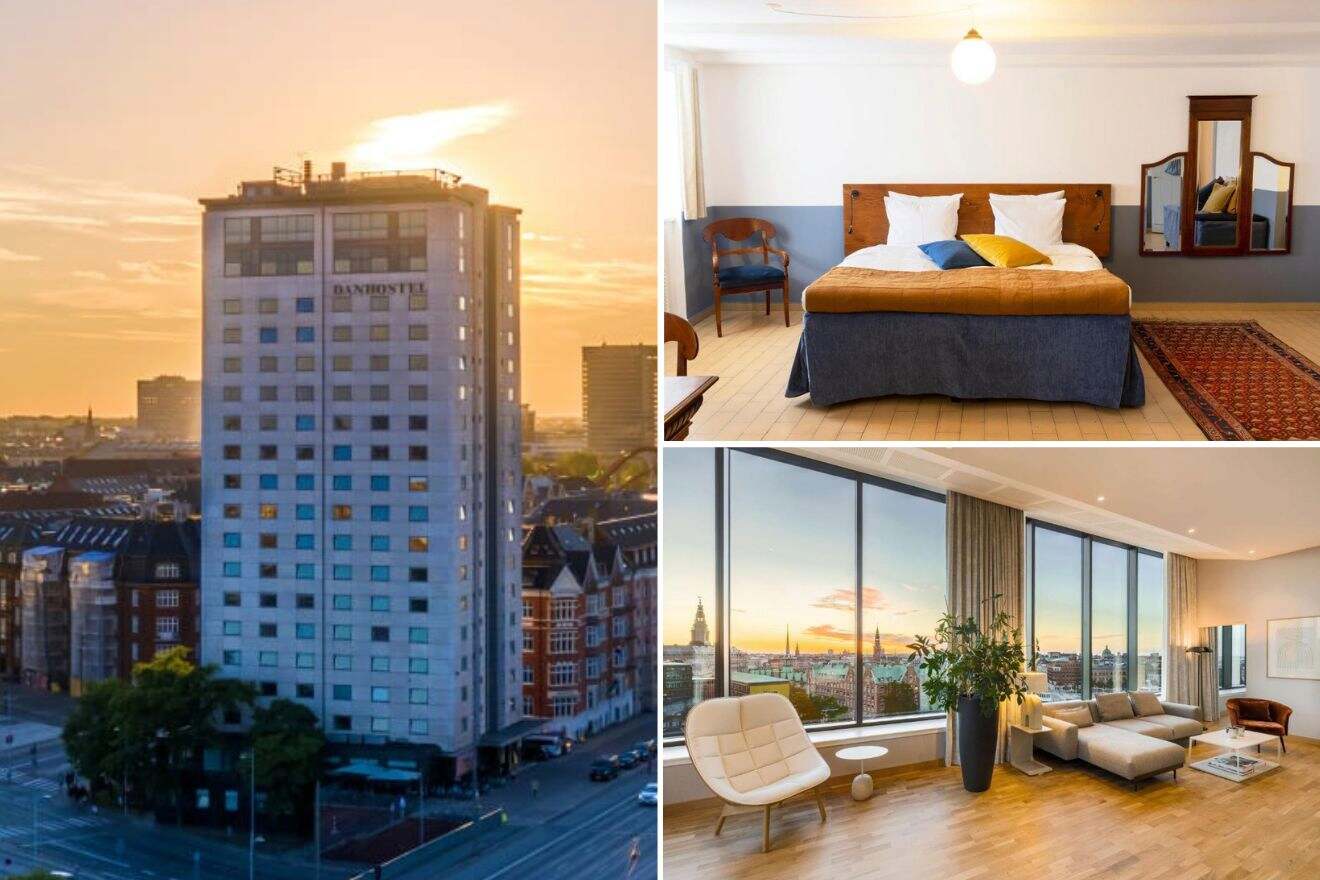 A collage of three hotel photos to stay in Copenhagen: A high-rise hotel building at dusk, a bedroom with a large bed and traditional rugs, and a bright living room with floor-to-ceiling windows and modern furniture.