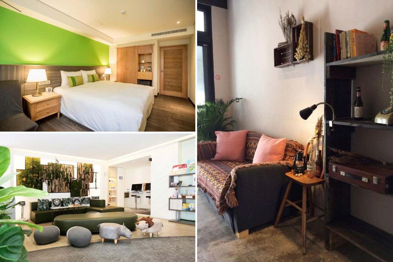 A collage of three hotel photos to stay in Taipei: a hotel room with a vibrant green accent wall and contemporary furnishings, a cozy nook with eclectic decorations and books, and a stylish lounge area with modern furniture and playful animal ottomans.