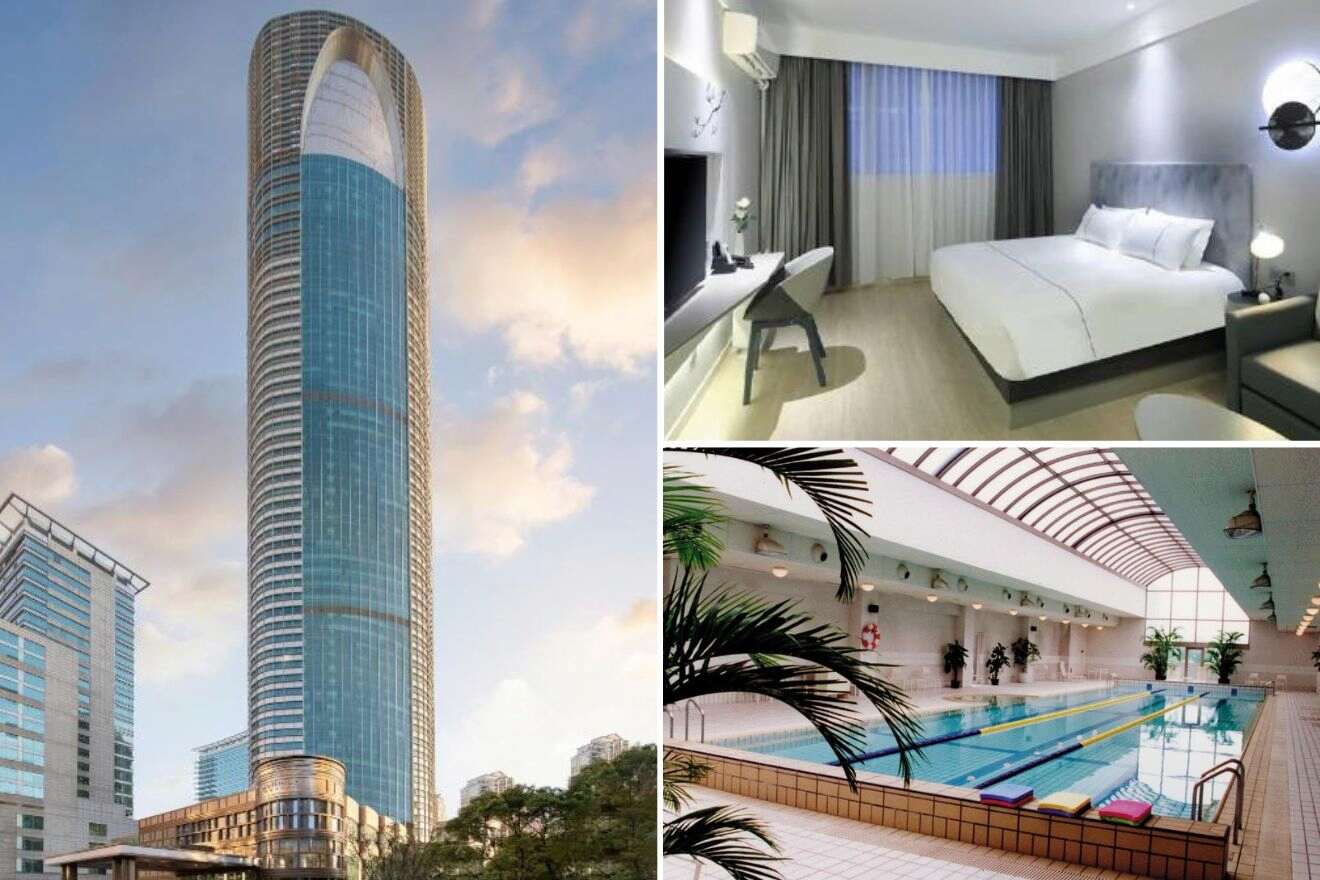 A collage of three hotel photos to stay in Former French Concession Shanghai: a sleek high-rise building, an inviting bedroom with modern amenities, and a spacious indoor pool under an arched ceiling