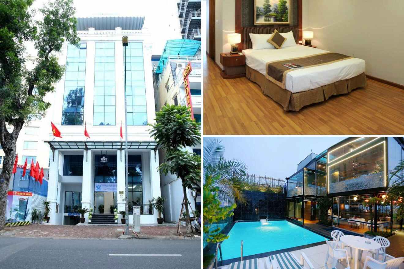 A collage of three hotel photos to stay in Hanoi: a classic hotel facade with flags and a clear blue sky, a spacious bedroom with a large bed and wooden floors, and a well-lit outdoor swimming pool adjacent to a glass-enclosed modern structure