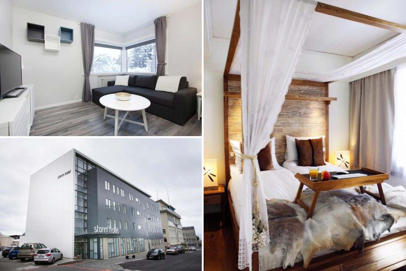 A collage of three hotel photos to stay in Reykjavik: a minimalist living room with a black couch and circular white table, a rustic chic bedroom with a canopy bed and fur throw, and the sleek, modern exterior of the Storm Hotel