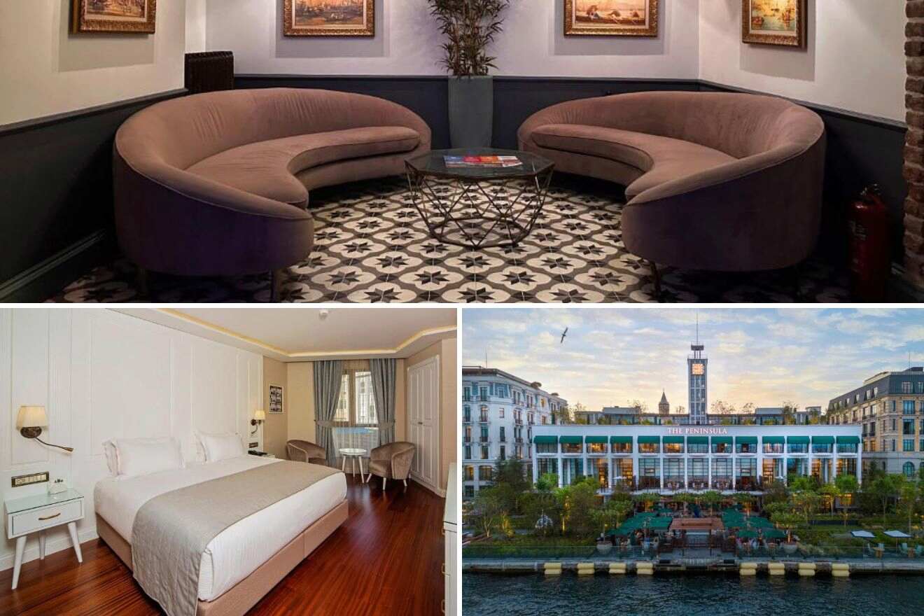 A collage of three hotel photos to stay in Karakoy, Istanbul: A circular brown couch in a boutique-style lounge, a bright bedroom with a view of the city, and a classic exterior of The Peninsula hotel with waterfront dining options.