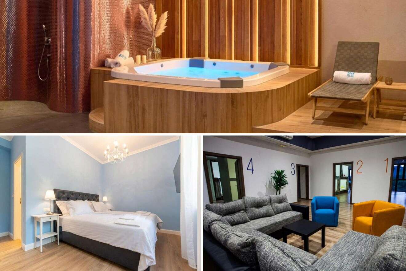 A collage of three hotel photos to stay in Split: A spacious jacuzzi room with wooden accents and warm lighting, a classic bedroom with a blue wall and white linens, and a large, comfortable lounge area with numerical wall art and various seating options.
