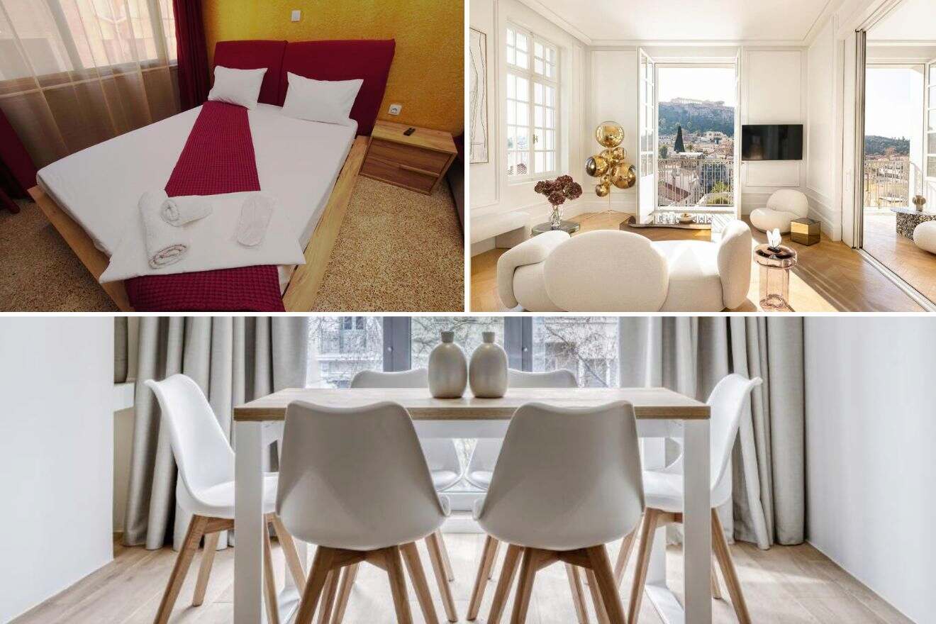 A collage of three hotel photos to stay in Athens: A bedroom with red accents and a comfortable bed, a sophisticated living room with modern furnishings and large windows, and a dining area with sleek white chairs and natural light.