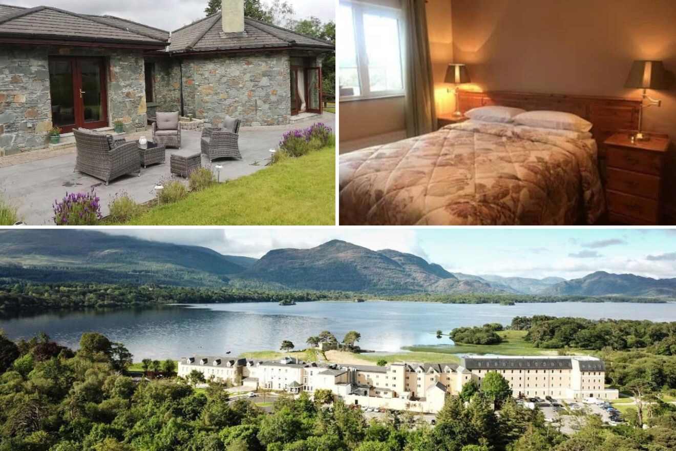 A collage of three hotel photos to stay in Killarney: an inviting patio area with wicker furniture, a snug bedroom with a rustic charm, and a panoramic view of a hotel complex by the serene Lakes of Killarney