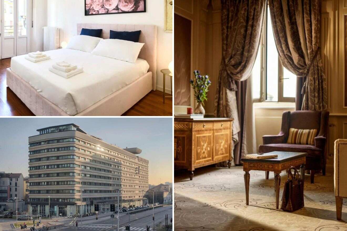 A collage of three hotel photos to stay in Porta Nuova & Porta Garibaldi, Milan: a bedroom with crisp white linens and rose wall art, a classic room with regal curtains and antique furniture, and the exterior of a multi-storied hotel building at dusk