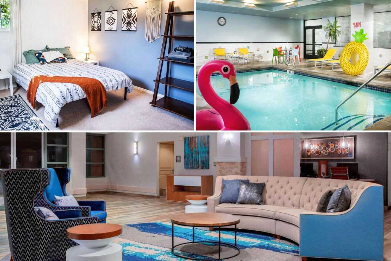 A collage of three hotel photos to stay in Seattle: a bedroom with bohemian decor and wall art, an indoor pool with whimsical inflatable floats, and a chic living space with vibrant blue and pink hues
