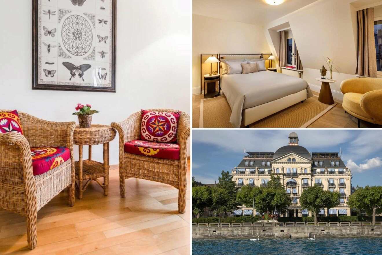 A collage of three hotel photos to stay in Riesbach Zurich with free cancellation: a quaint seating area with wicker chairs and vibrant cushions, a luxurious hotel room with plush bedding and modern amenities, and an ornate building on the Zurich lakeside