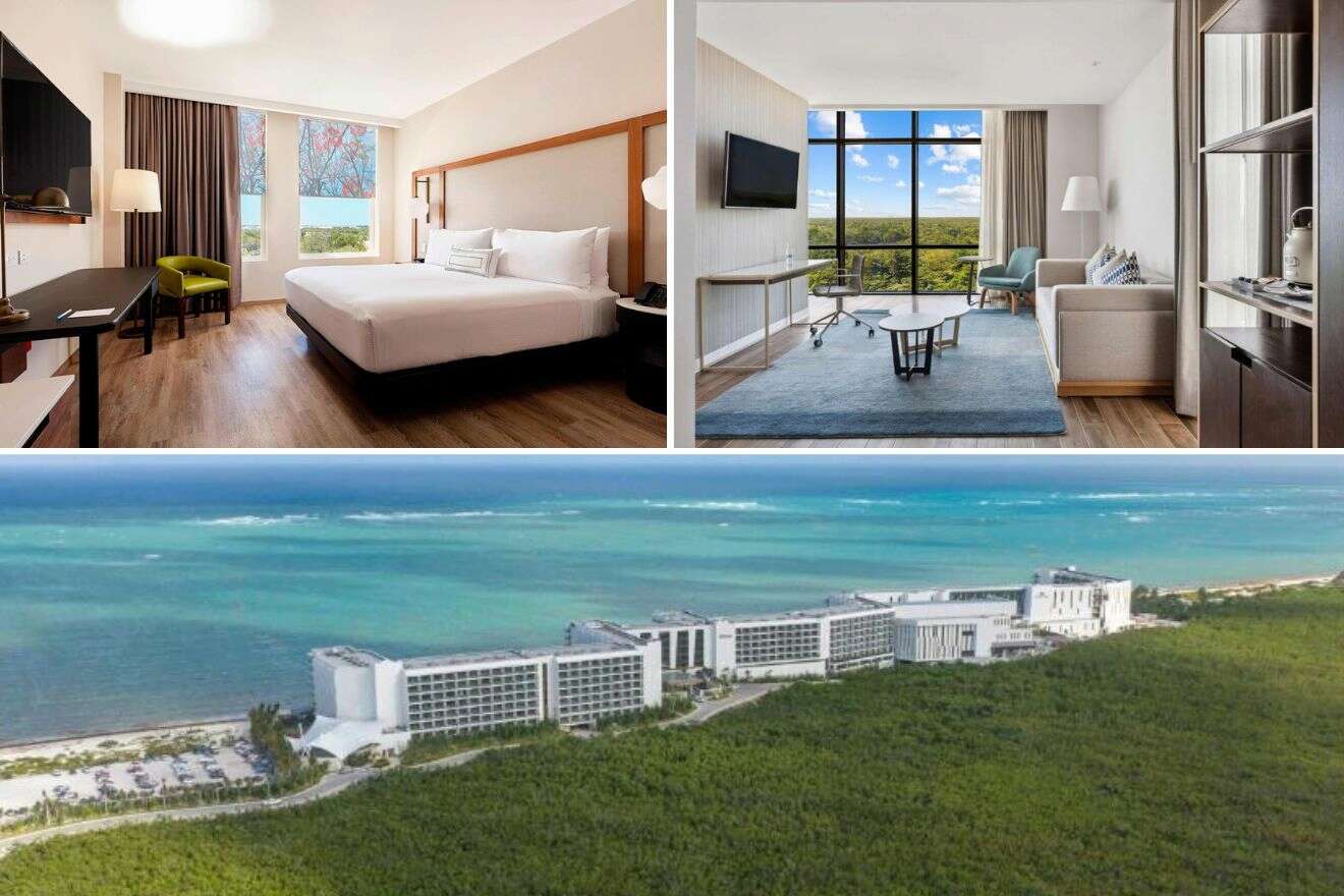 A collage of three hotel photos to stay in Cancun: A modern, airy hotel room with a green armchair and hardwood floors, a spacious living area with floor-to-ceiling windows overlooking the forest, and an aerial view of a beachfront hotel nestled between lush greenery and the blue sea