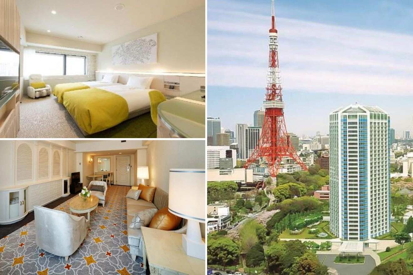 A collage of three hotel photos to stay in Roppongi & Akasaka, Tokyo: A bright bedroom with yellow accents and city view, a hotel next to Tokyo Tower amidst urban skyline, and a spacious hotel lounge with modern decor