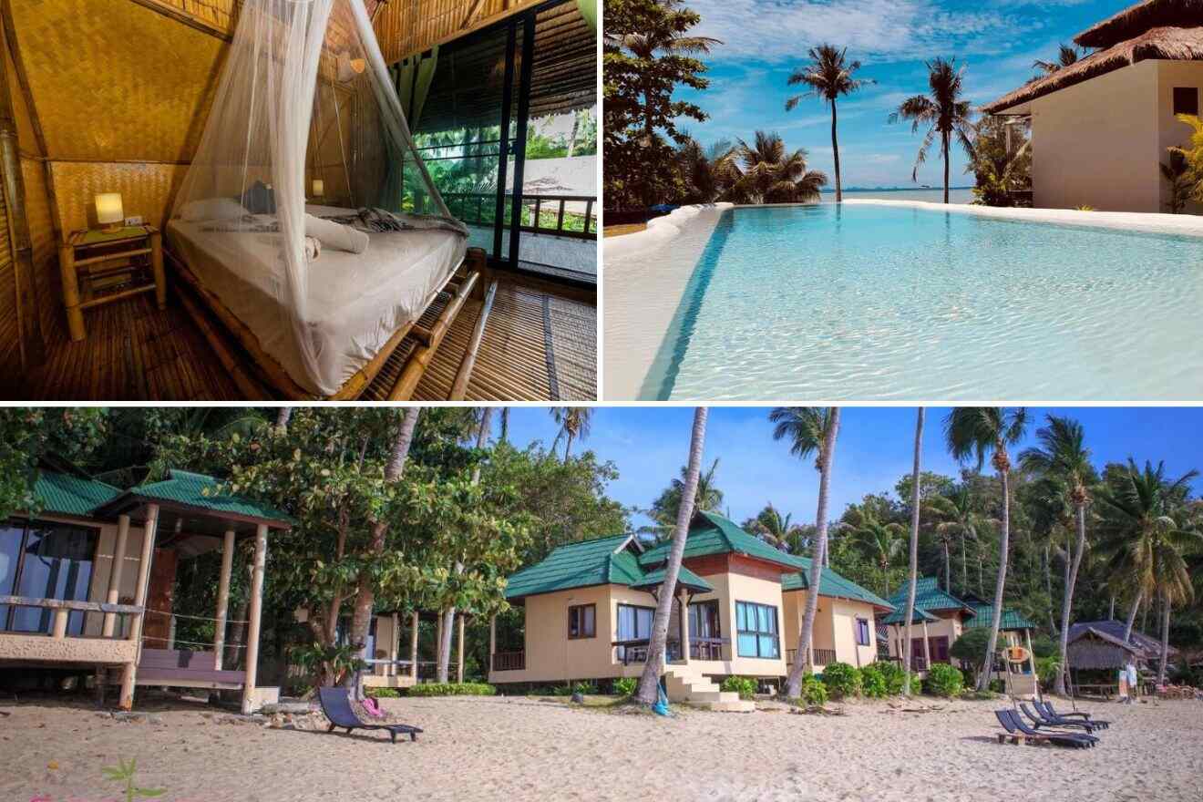 A collage of three hotel photos to stay in Srithanu, Koh Phangan: a tranquil beachfront villa with hammocks, an infinity pool with ocean views, and a cozy canopy bed in a bamboo-structured room.