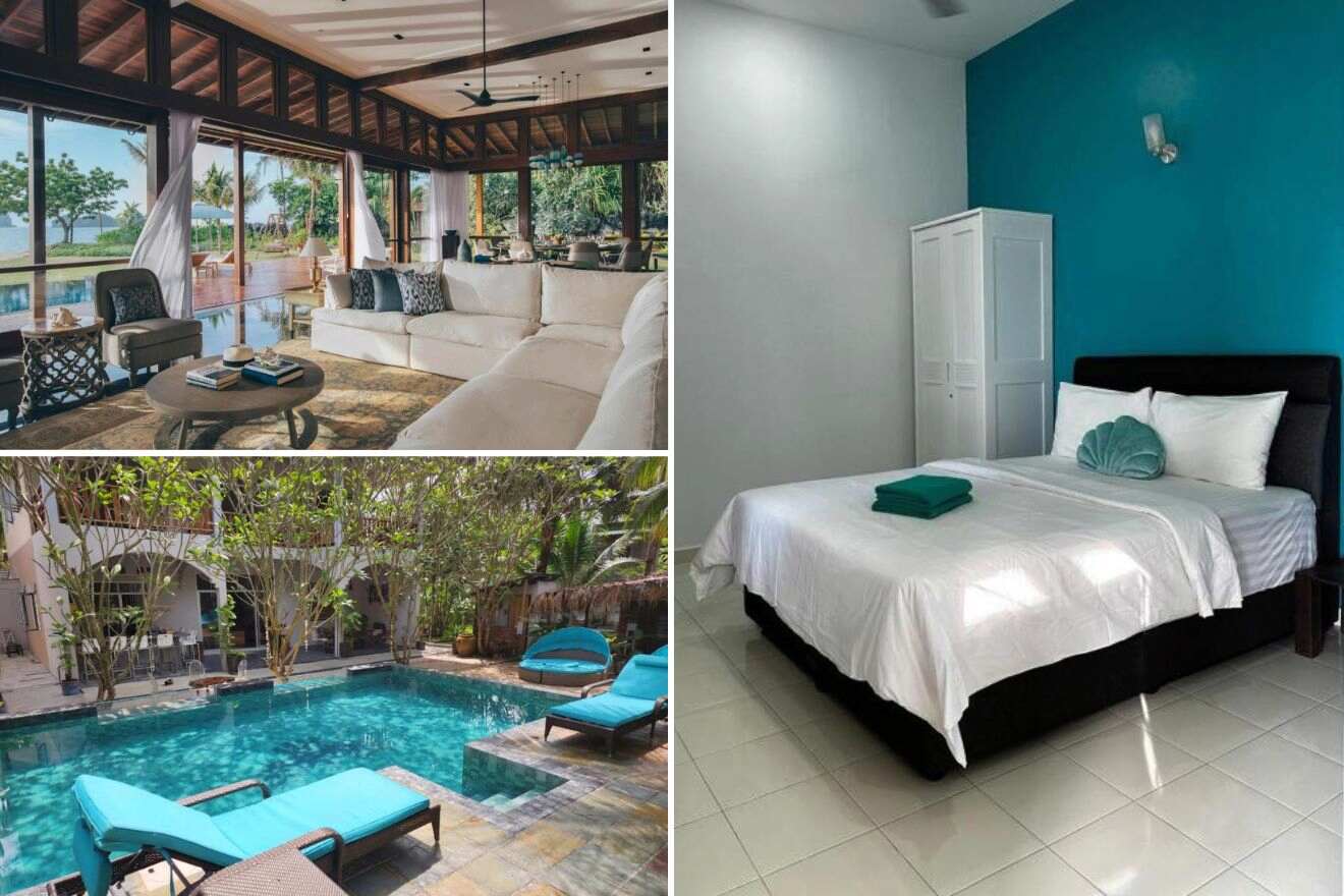 A collage of three hotel photos to stay in Tanjung Rhu, Langkawi: an opulent open-concept living area with a seamless indoor-outdoor transition to the beachfront, a peaceful pool area surrounded by private enclosures and verdant foliage, and a bedroom with a bold teal feature wall and simple white furnishings.