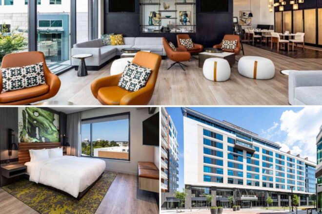 A collage of three hotel photos to stay in Charlotte: a modern lounge with eclectic furnishings and a cityscape backdrop, a bedroom with a minimalist design and abstract art, and a view of the hotel's contemporary exterior with a blue sky backdrop.