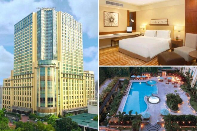 A collage of three images for a romantic getaway in Manila: The towering New Coast Hotel's exterior with a reflection of the city, a serene bedroom with golden accents, and a picturesque outdoor pool surrounded by tropical greenery.