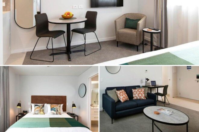 A collage of three hotel photos to stay in Auckland: a simple dining area with a bowl of fruit, a bedroom with a large bed and colorful pillows, and a living room with a dark blue sofa and decorative throw pillows.
