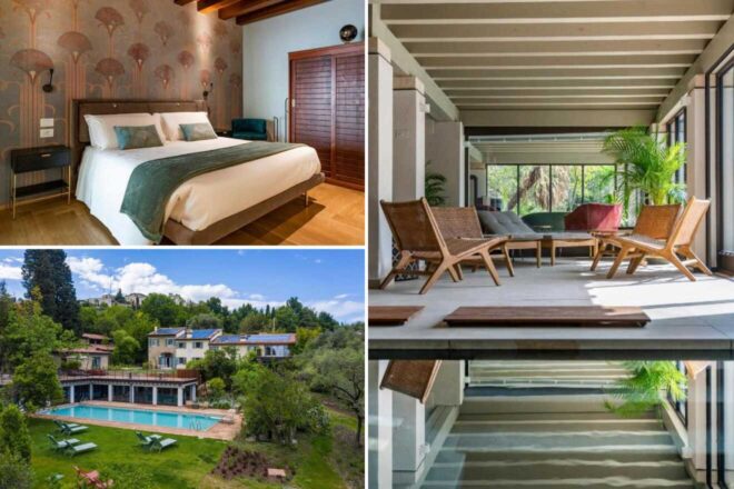 A collage of three hotel photos to stay in Verona: showcasing a sophisticated bedroom with botanical wallpaper and earth tones, a sunlit enclosed porch with rattan furniture and garden views, and an aerial view of a villa with a pool nestled among lush greenery