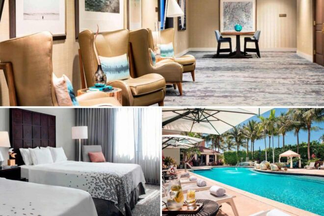A collage of three hotel photos to stay in Fort Lauderdale: an opulent sitting area with golden armchairs and abstract art, a refreshing hotel bedroom with patterned textiles, and a resort-style outdoor pool surrounded by palm trees and cabanas