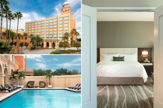 A collage of three images representing family-friendly hotel stays in Tampa: The hotel's grand entrance with palm trees lining the driveway, a tranquil outdoor pool area, and a welcoming bedroom with soft lighting and elegant decor.