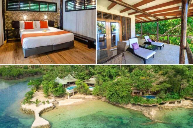 A collage of three hotel photos to stay in Fiji: A romantic bedroom with traditional Fijian roof and warm lighting, lush palm trees on a tropical island, and a beachfront hut with a welcoming porch.