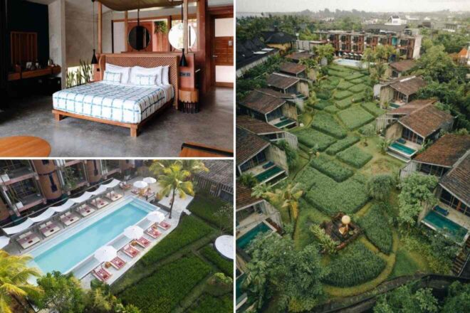A collage of four hotel photos to stay in Canggu: a cozy bedroom with a patterned blue bedspread and wooden elements, an aerial view of a rectangular pool adjacent to lush rice terraces, and a sprawling hotel complex with individual villas nestled among vibrant green fields