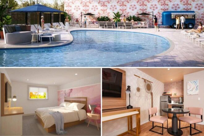 A collage of three hotel photos to stay in The Hamptons: a vibrant poolside scene with colorful wallpaper and relaxing cabanas, a minimalist bedroom with soft pink accents and natural light, and a compact dining area with modern amenities and artistic wall decor