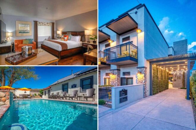 A collage of three hotel photos to stay in Sedona: a modern and inviting hotel room with tasteful decor and a welcoming beverage setup, the exterior of a contemporary hotel at dusk with stylish lighting and balcony details, and a charming outdoor pool area with sun loungers and shaded umbrellas
