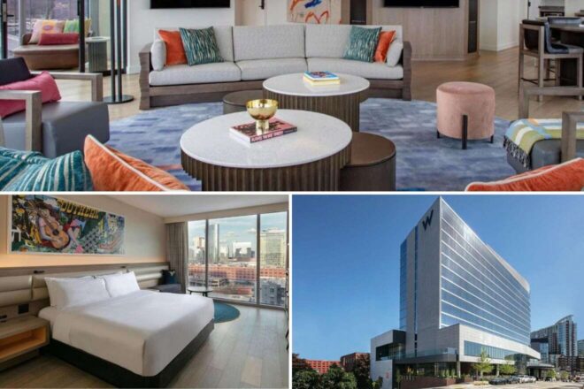 A collage of three hotel photos for a stay in Nashville: an elegantly furnished living room with a sectional sofa and vibrant accent pillows, a bedroom featuring a large mural and a city view, and the sleek modern architecture of the hotel's exterior