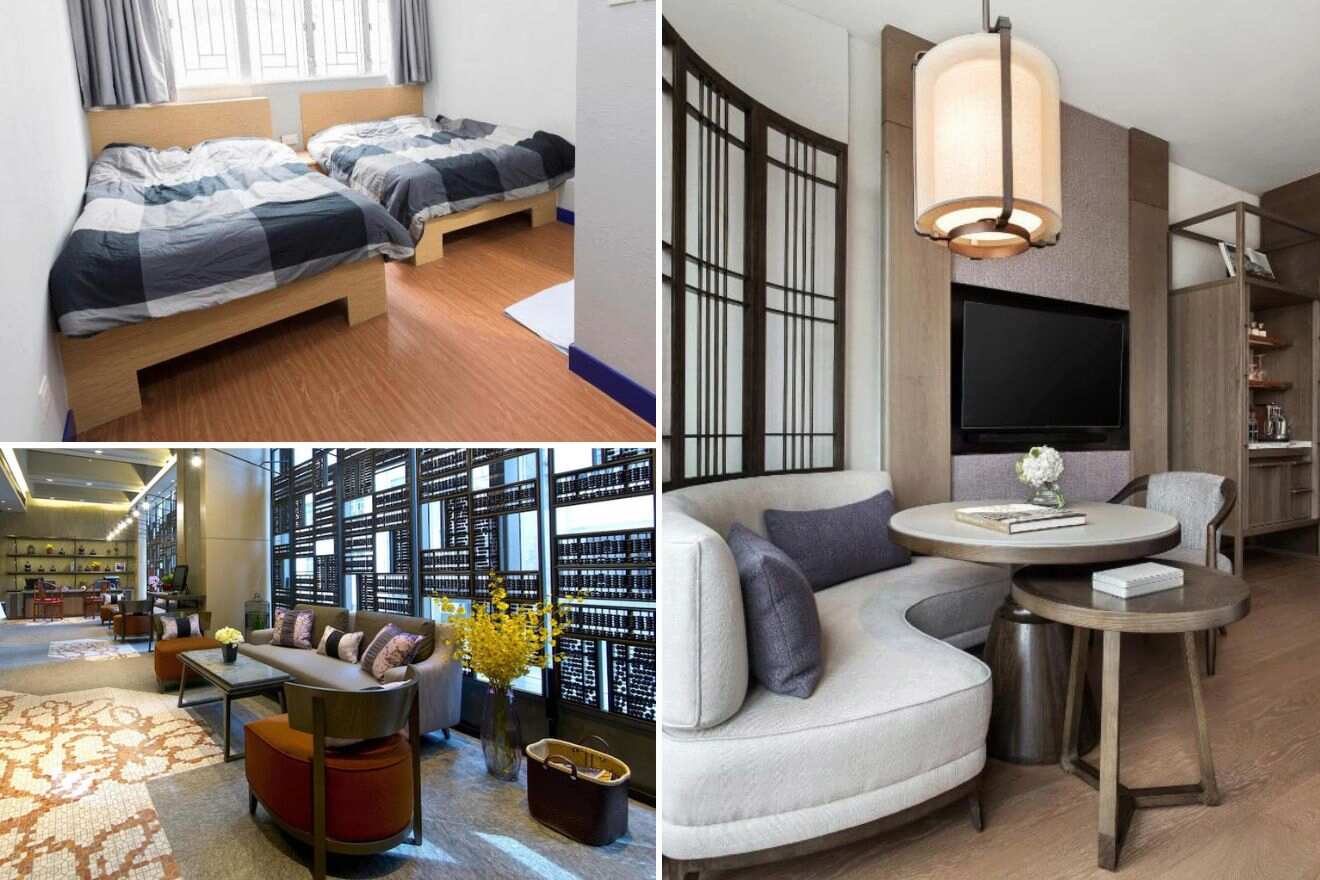 A collage of three hotel photos to stay in Wan Chai, Hong Kong, including a twin bedroom with simple decor, a spacious lobby with a bookshelf wall, and a cozy sitting area with a circular table and grey sofas