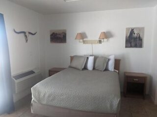Minimalist bedroom with a queen bed, white bedding, and southwestern decor including wall art of a steer skull