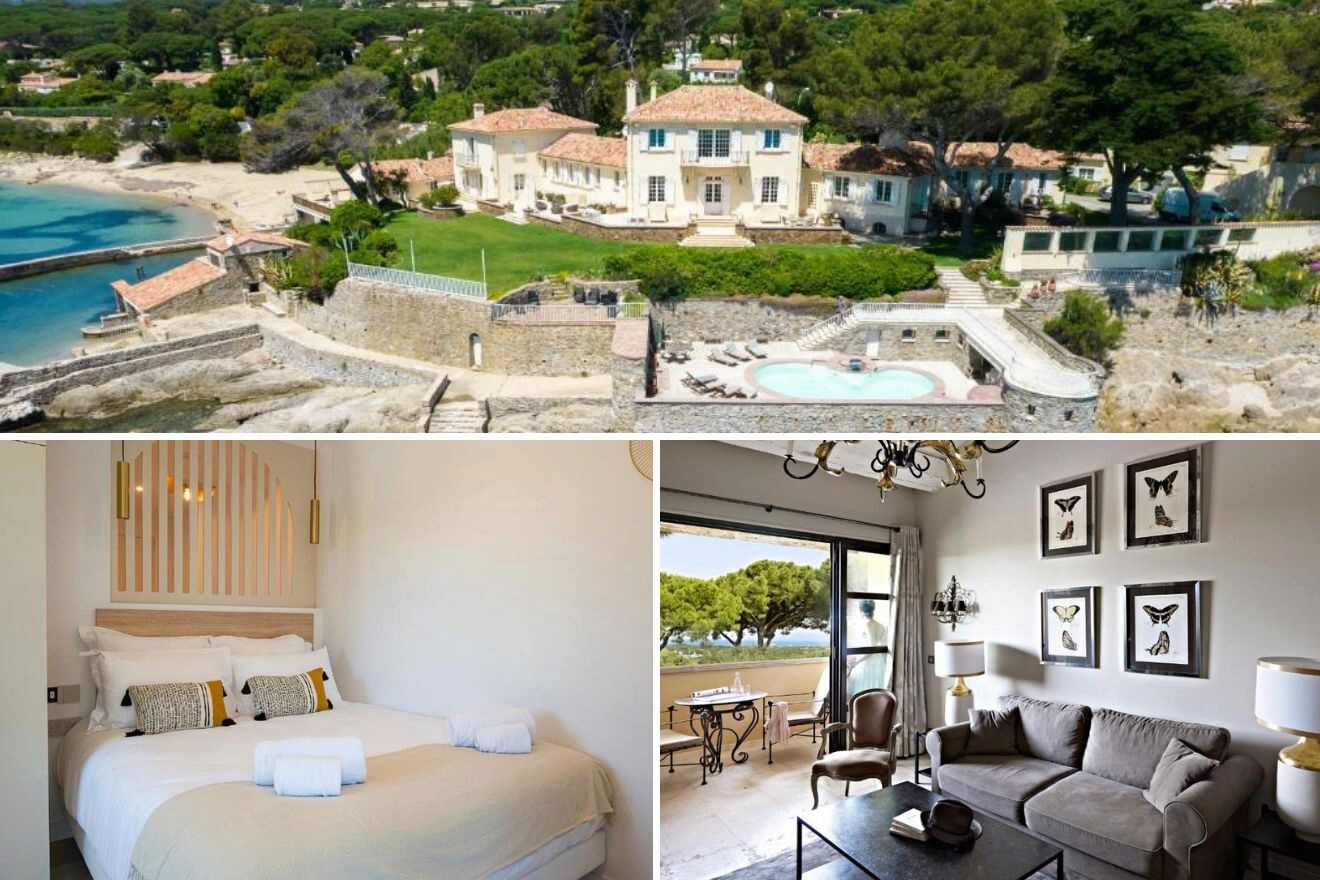 A collage of three hotel photos to stay in St. Tropez: a serene beachside estate with multiple buildings and a private cove, an intimate bedroom with modern art and warm lighting, and a comfortable room with seaside balcony views and elegant wall art