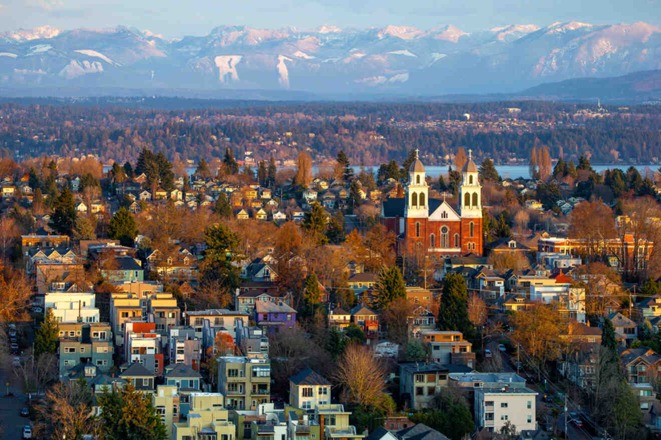 Scenic view of Capitol Hill, Seattle, with its colorful residential buildings and the calm waters of Lake Union