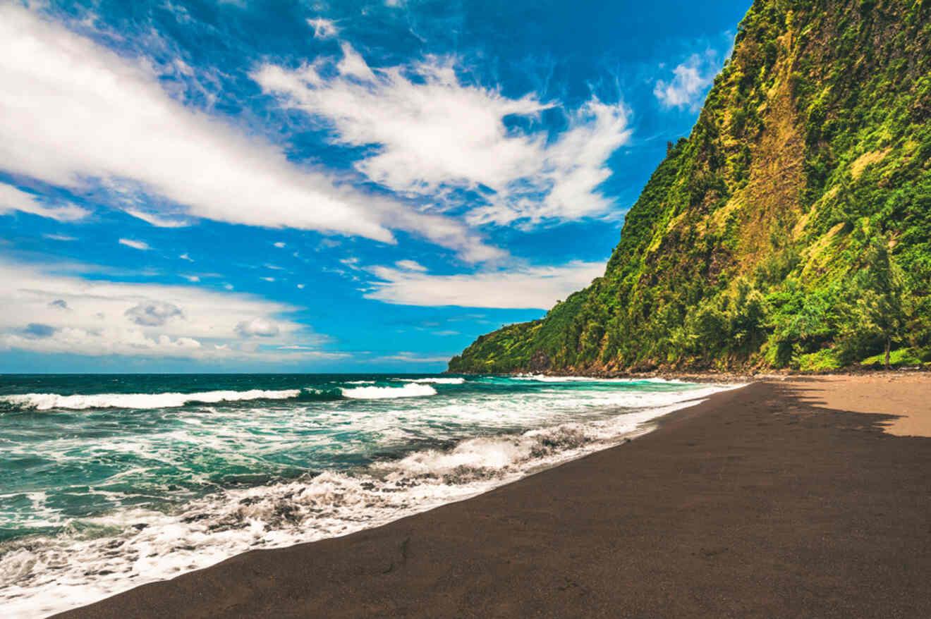 Dramatic black sand beach with lush green cliffside and foamy waves under a vibrant blue sky with scattered clouds