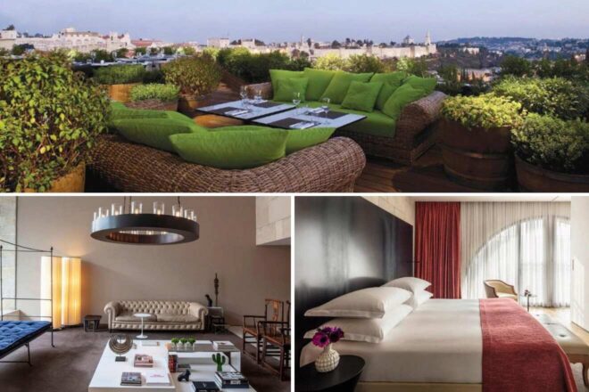 A collage of three hotel photos to stay in Jerusalem: A cozy bedroom with a plush white bed adorned with yellow accent pillows, a rustic stone interior with a welcoming entrance, and an inviting bed with an arched window featuring traditional ironwork.