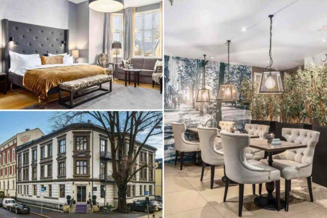 A collage of three hotel photos to stay in Oslo: a luxurious bedroom with a plush headboard and golden accents, a historic building facade with classical architecture, and an indoor dining area with naturalistic decor and plush seating.