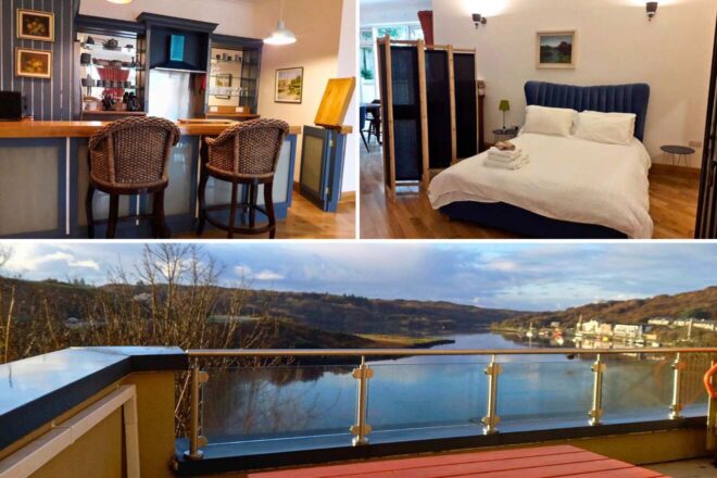 A collage of three hotel photos to stay in Galway: a charming breakfast bar with woven stools, a homely bedroom with blue bedding and wooden partitions, and a scenic view from a balcony overlooking a river and forested hills.