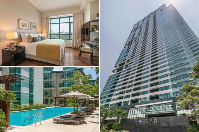 A collage of three images for a full-home experience in Manila: A well-appointed bedroom with city views, a serene poolside setting with sun loungers, and the sleek, modern exterior of the Aruga Apartments.